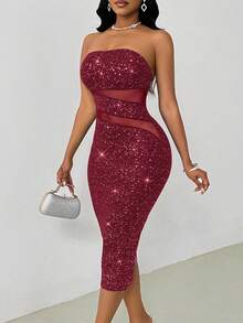 VaVaBold Party Gathering Fitted Bandeau Midi Dresses For Women - Burgundy - View 6