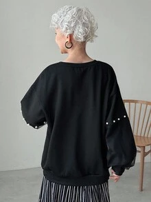 FRIFUL 女士圆领珍珠纽扣装饰灯笼袖宽松网眼拼接袖加厚纯色运动衫，万圣节服装秋冬 - 黑色 - 查看 3