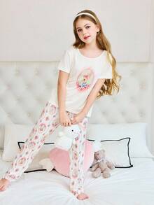 SHEIN Romantic Countryside Bunny Print Knit Short Sleeve & Pants Girls Pajama Set - Multicolor - View 4