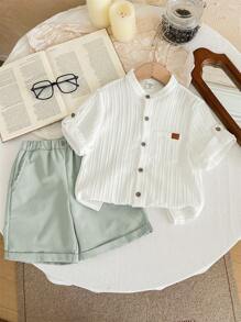 SHEIN Bộ quần áo và quần short thoải mái thoáng khí cho bé trai LMoss Kids - trắng - Xem 1