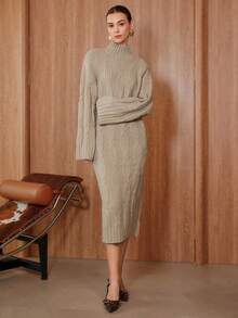 Uhlyne Women's Elegant Casual High Neck Solid Color Vintage Cable Knit Dress, Autumn/Winter - Apricot - View 3