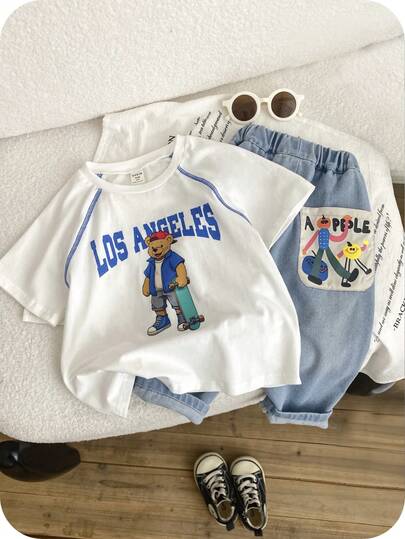 SHEIN 男童短袖印花T恤，优雅上衣，可爱上衣，基础款上衣，休闲常规版型短袖polo衫，适合通勤、上学、日常休闲、度假、运动，春、夏、秋、冬四季皆宜。