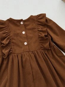 Loomiva Baby Girl Floral Print Ruffle Collar Long Sleeve Cinched Waist Dress, Thickened For Winter - Rust Brown - View 6