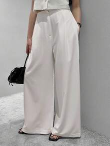 DAZY Women's Solid Color High Waist Pleated Loose Flowy Wide Leg Pants