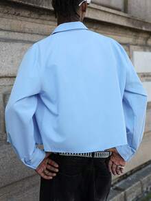 PAVTROS Manfinity Streetrush Men's Street Style, Versatile Solid Color Short Sleeve Shirt, Suitable For Street Wear, Casual Daily, Weekend Outings, Music Festivals, Social Gatherings. This Shirt Is An Essential Versatile Piece In A Man's Wardrobe, Making It A Great Gift For A Boyfriend Or Husband. Men Cropped Button Up Shirt Men Boxy Shirt Men Light Blue Shirt Men Baby Blue Shirt Sky Blue Button Shirt Men, Fall, Old Money Style - Blue - View 2