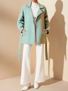 EURMUSE 女士纯色长袖系带大衣，秋冬简约风格 - 薄荷綠 - 查看 5