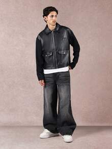 SUMWON 短款奢华双色皮革飞行员哈灵顿夹克，带前袋，高档休闲外套，街头风格，秋冬时尚 - 黑色 - 查看 7