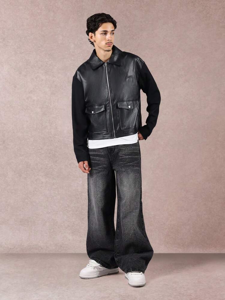 Leather Harrington Jacket With Contrast Sleeves