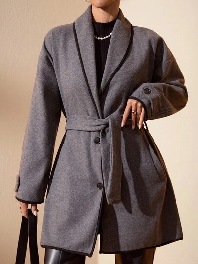 EURMUSE Women's Wool-Blend Coat – Contrast Piping, Button-Front, Belted Waist, Regular Fit, Elegant Mid-Length Outerwear, Fall Winter Fashion Jacket,Women's Wool-Blend Coat – Contrast Trim, Belted Button-Front, Elegant Office Outerwear, Mid-Length Fashion Overcoat, Stylish Winter Fall Jacket, Classic Regular Fit, Formal Workwear