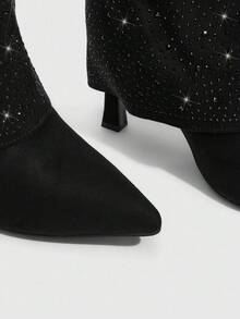 CUCCOO SZL Women's Pointed Toe Rhinestone Embellished Stiletto Heel Thigh High Boots, Sexy Party Club Wear Knee High Boots For Christmas Spring Shoes - Black - View 8