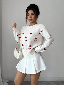 Selianne Women's Casual Heart-Shaped Faux Pearl Crew Neck Raglan Sleeve Sweater, Autumn - White - View 5