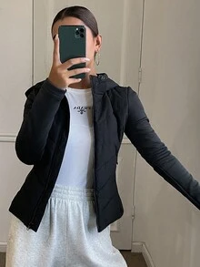 DAZY 女式修身拼布夹棉大衣，秋冬夹克 - 黑色 - 查看 2