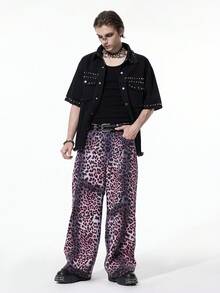 ROMWE MEN Street Life Men's Fashionable Leopard Print Wide Leg Jeans - Pink - View 8