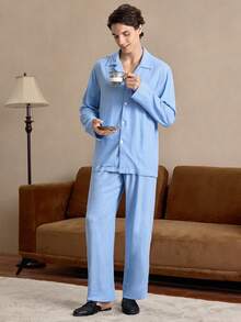 EverLounge Gentleman Vintage British Style Old Money Pattern Pajamas Set For Men - Blue - View 4