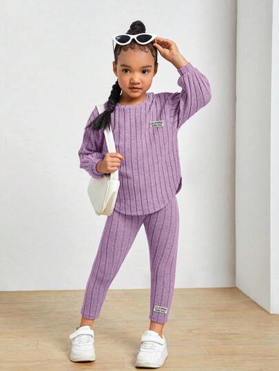 SHEIN Young Girl Drop Shoulder Ribbed Knit Tee & Leggings Young Girl Girl Outfit Purplepurple Young Girl Outfitkids Purple Outfitpurple Outfit Kidsviolet Outfit For Young Girl Girls Ribbed Set Purple Sets For Girls Girl Knit Set Fall Winter
