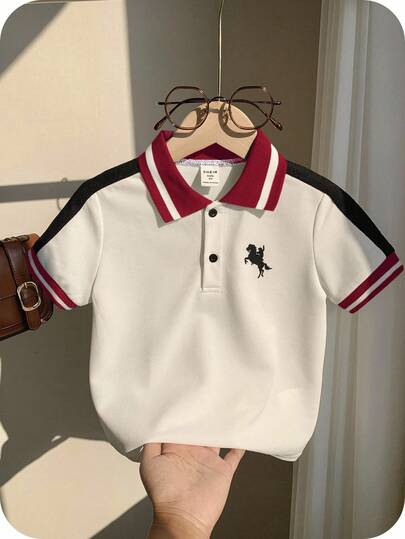 Young Boys Casual Comfortable Versatile English Graphic Contrast Color Sleeve Polo Shirt