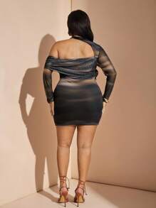 SHEIN BAE 大码女式不对称网眼多色云扎染连衣裙，春夏 - 彩色 - 查看 3