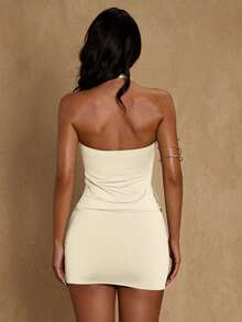 Glamine 女士时尚简约纯色露背吊带修身短款连衣裙，夏季 - 杏色 - 查看 2