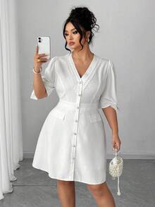 Elenzga Robe élégante pour femmes grandes tailles avec boutons, nœud et patchwork en dentelle - Blanc - Voir 5