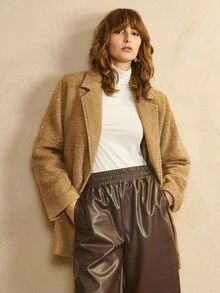 SHEIN LUNE Women's Sequined H-Shaped Lapel Waist Tie Design Single-Breasted Metal Decoration Overcoat Daily Commuting Fall Business Casual Western Wear - Brown - View 5