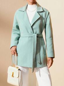 EURMUSE 女士纯色长袖系带大衣，秋冬简约风格 - 薄荷綠 - 查看 3
