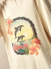 Bohemela 波西米亚风度假岛休闲海豚印花针织T恤女款 - 杏色 - 查看 4