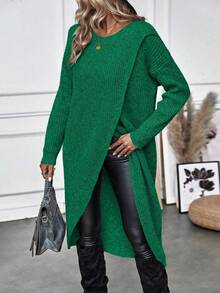 EMERY ROSE Áo len trơn màu trơn viền bất đối xứng cho nữ, áo len thu đông cho nữ, váy len màu xanh ngọc lục bảo, áo len cardigan màu xanh lá cây cho nữ - màu xanh lá - Xem 6