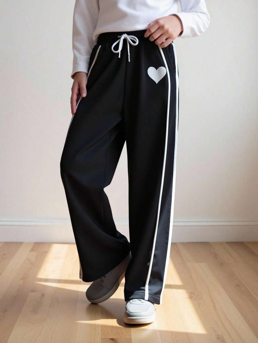 SHEIN Girls' Embroidered Drawstring Waist Casual Sports Pants, Fashionable & Versatile - Black - View 1