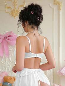 SHEIN 2件套浪漫复古蕾丝撞色网眼露背性感套装 - 白色 - 查看 2