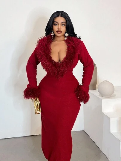 Maweii 加大码纯色人造毛皮拼接性感修身长袖毛衣裙