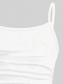 SHEIN Áo ba lỗ ngắn màu trắng, áo ba lỗ xếp ly ôm sát, thể thao thường ngày cho bé gái tuổi mới lớn, trang phục cơ bản cần thiết - Nhiều màu - Xem 4