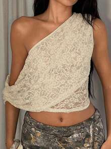 Glamine Elegant Floral Lace Shoulder Sleeveless Red Top For Women, Winter - Khaki - View 3