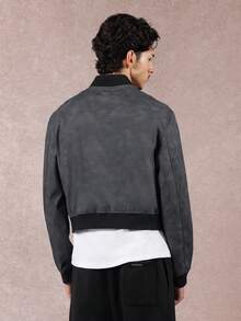 SUMWON Crop Fit Premium Faux Suede Bomber Jacket With Ribbed Collar Classic Modern Design Zip Front Casual Streetwear Fall Winter - Black - View 2