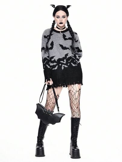 Goth Suéter de punto con cuello redondo con estampado de murciélago para mujer, otoño/invierno, Halloween