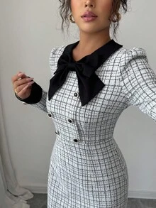 Elenzga 女士优雅秋季长袖提花黑白撞色纹理紧身连衣裙，通勤约会两相宜 - 彩色 - 查看 2