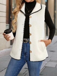 Roamenne Roamenne Women's Casual Contrast Color Trim Sleeveless Lightweight Jacket, Autumn/Winter - White - View 3