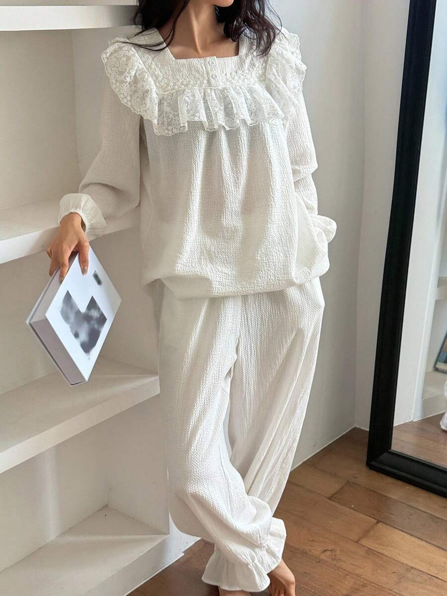 DAZY Delicate Textured Lace Ruffle Trim Women Pajama Set, Fall Clothes - White - View 1