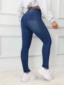 SHEIN ICON 女士休闲高腰紧身牛仔裤，适合通勤和日常穿着 - 深色水洗藍 - 查看 2