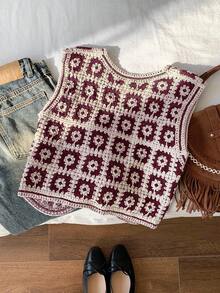 Comfortcana 女式度假风全印花V领纽扣前无袖针织开衫背心（秋冬款） - 酒紅色 - 查看 2