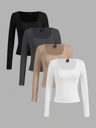 SHEIN Essnce Set de 4 camisetas de manga larga de cuello redondo de unicolor casual y versátil para mujer, adecuadas para primavera y otoño