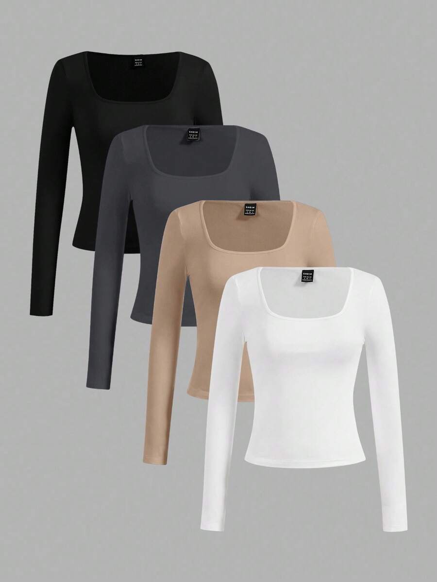 SHEIN Essnce Bộ 4 áo thun cổ tròn tay dài màu trơn đơn giản đa năng dành cho nữ, phù hợp cho mùa xuân và mùa thu - Nhiều màu - Xem 1