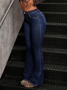 SHEIN Tall Mid-Waist Denim Skinny Flared Pants, Minimalist Style For Casual Daily Wear - Dark Wash - View 6