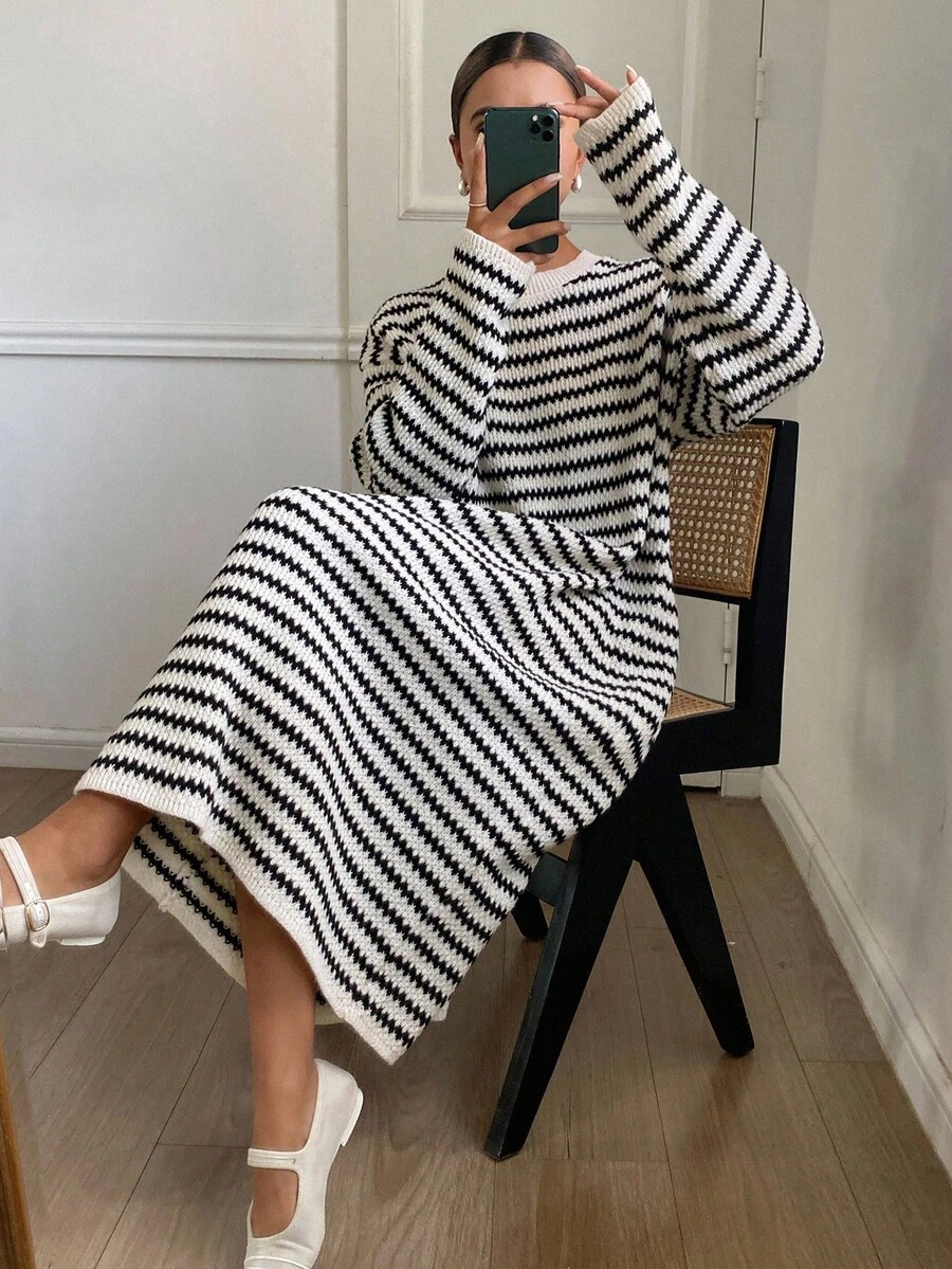 DAZY Contrast Black & White Striped Loose Long Sleeve Crew Neck Casual Street Style Maxi Sweater Dress For Women, Autumn - Beige - View 1