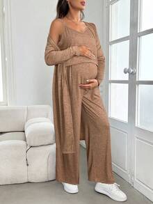 SHEIN 孕妇纯色吊带背心、裤子和前开式外套两件套，秋冬 - 駝色 - 查看 5