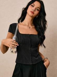 Poéselle 女式上衣 条纹上衣 短袖衬衫 女式衬衫 短款上衣 女式夏季休闲条纹修身上衣 上衣 乡村音乐会 音乐会 女式生日 街头服饰 节日 - 黑色 - 查看 2