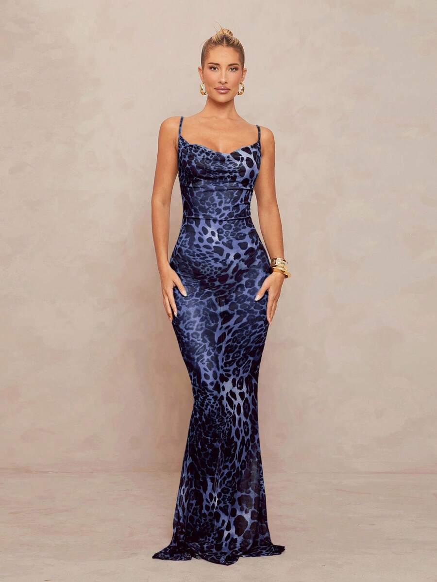 Lumalex Robe moulante à encolure plongeante avec imprimé léopard marron classique, fente haute sur la cuisse et détails de liens