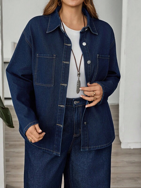 SHEIN CURVE+ Women's Dark Blue Autumn And Winter Daily Long-Sleeved Denim Shirt,All Outfits For Women,Halloween Costumes, Country Style For Women, Chic Autumn