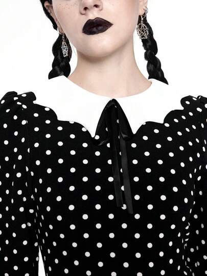 Goth Women's Gothic Polka Dot Pattern Bat Collar Dress, Halloween