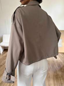 SHEIN EZwear Trench Coats New Autumn Old Money Women's Autumn Fashion Street Chic High Collar Dropped Shoulder Loose Flap Pocket Short Trench Coat Brown Clothes - Mocha Brown - View 2