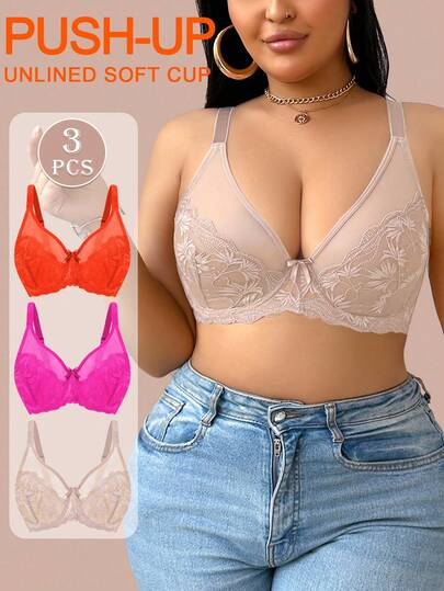 SHEIN 3pcs Women Plus Size Solid Ultra-Thin Bow Knot Decorated Contrast Floral Embroidered Scallop Sexy Mesh Splice Minimizer Underwire Steel Ring Instantlift Bra